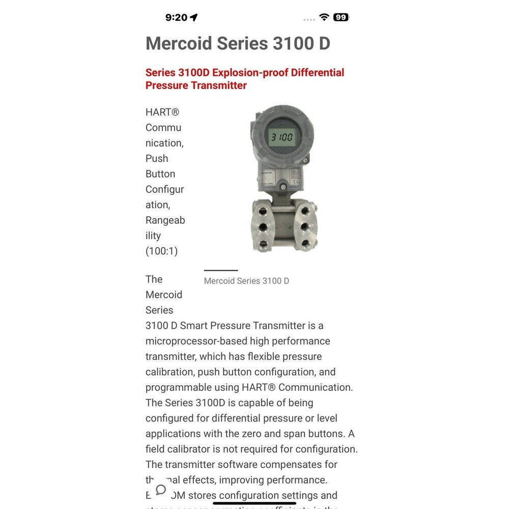 Mercoid 3100D-5-FM-1-1 Explosion-Proof Differential Pressure Transmitter